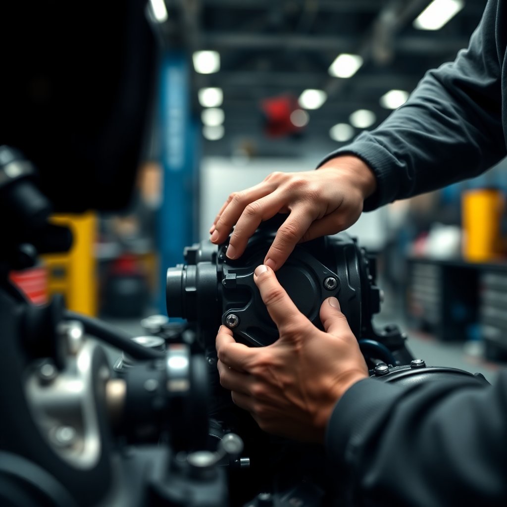 Close up of professional mechanic hands working on a high-end engine, bokeh background of a clean workshop, professional atmosphere, 8k, sharp focus, cinematic lighting, industrial aesthetic