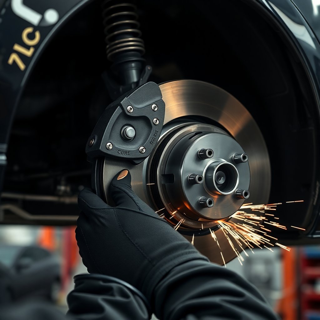 Professional car mechanic working on a car suspension and brakes, detailed view of brake discs, metallic sparks, cinematic lighting, 8k
