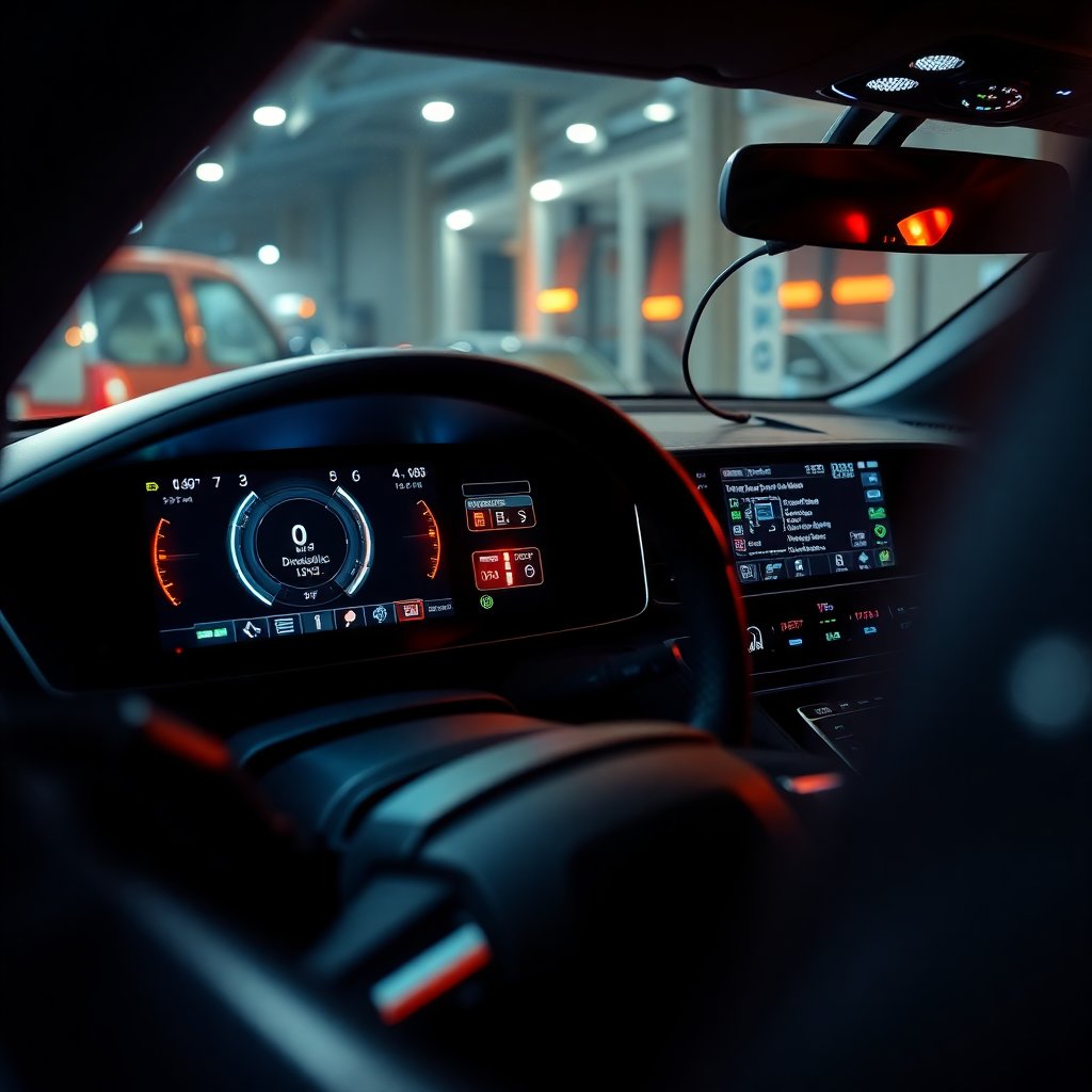 Modern car diagnostic computer connected to a vehicle dashboard, digital screens, glowing wires, high tech automotive electronics, 8k