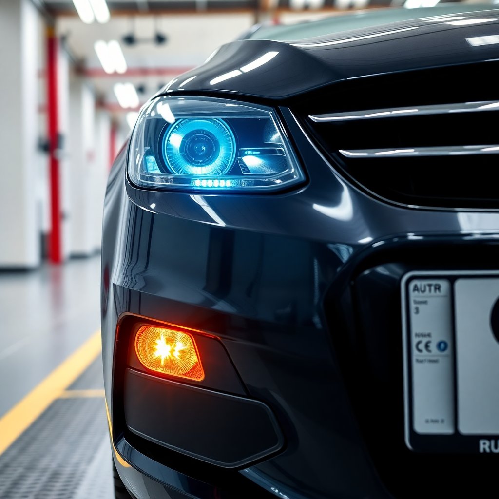 Close up of a car headlight and license plate in a clean inspection station, professional atmosphere, bright lighting, 8k